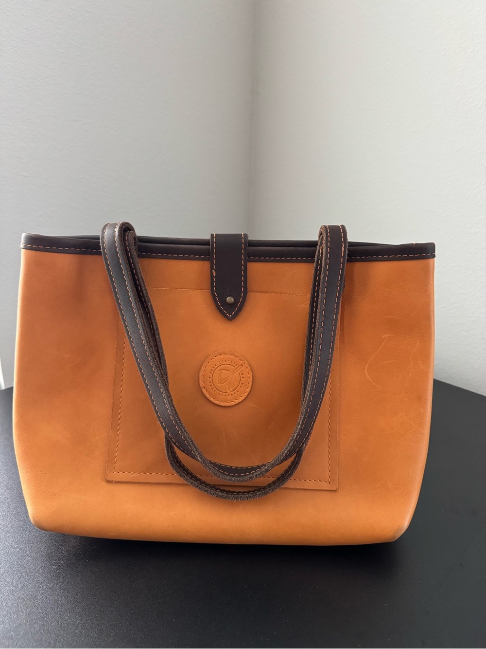 Women's Cognac Leather Tote with Dark Brown Trim